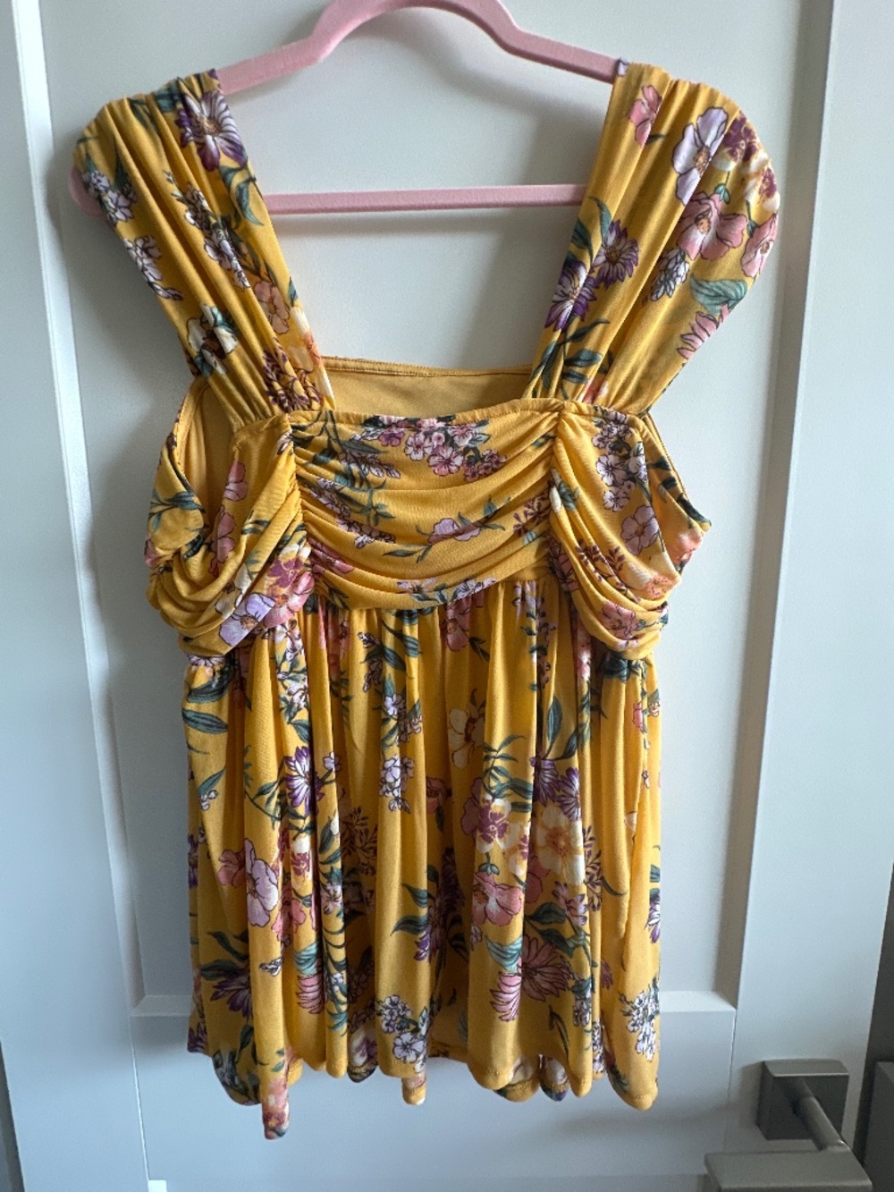 Yellow floral mesh draped babydoll top